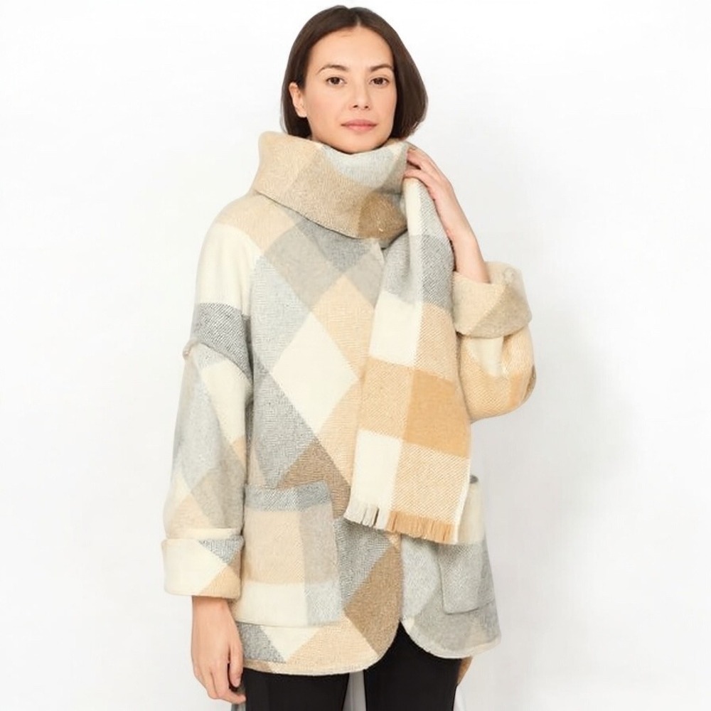 Melissa Nepton Anthropologie Becca Women Plaid Coatigan Coat Scarf Grey Beige PS